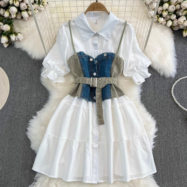 Denim Vest & White Shirt Dress 2Pcs