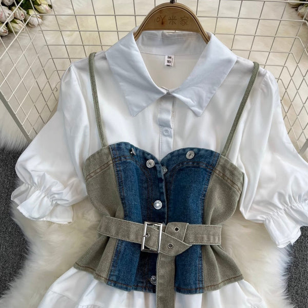 Denim Vest & White Shirt Dress 2Pcs