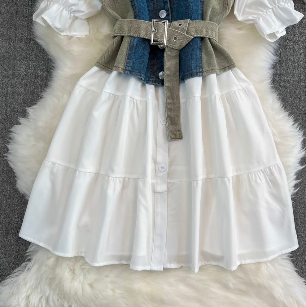 Denim Vest & White Shirt Dress 2Pcs