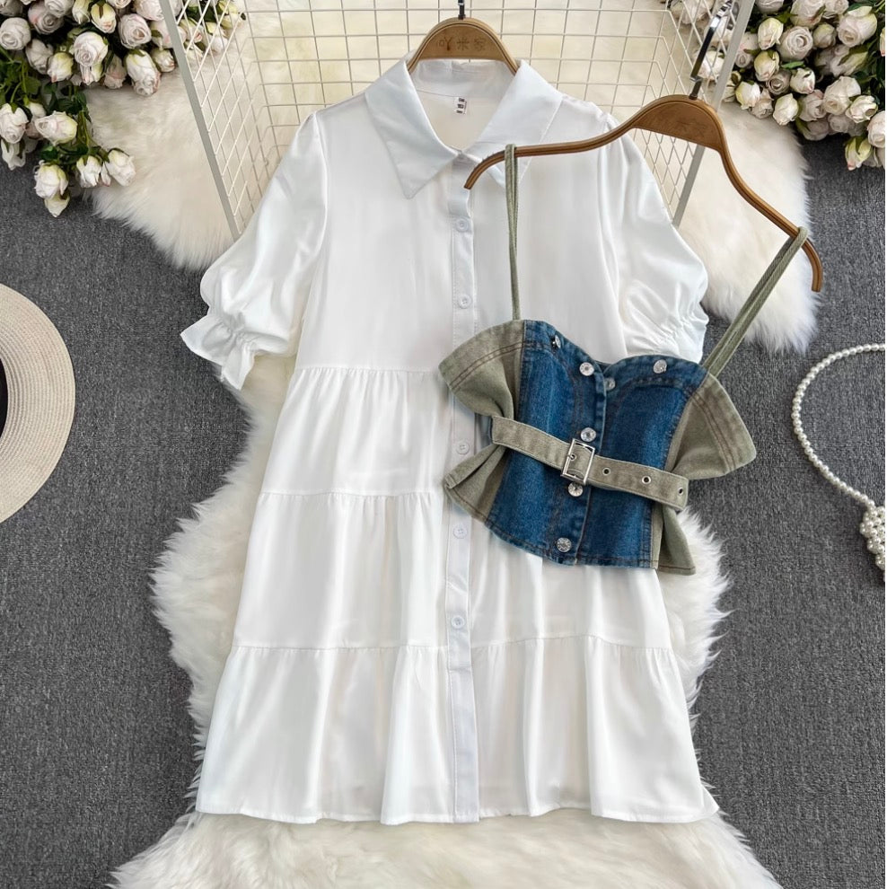 Denim Vest & White Shirt Dress 2Pcs