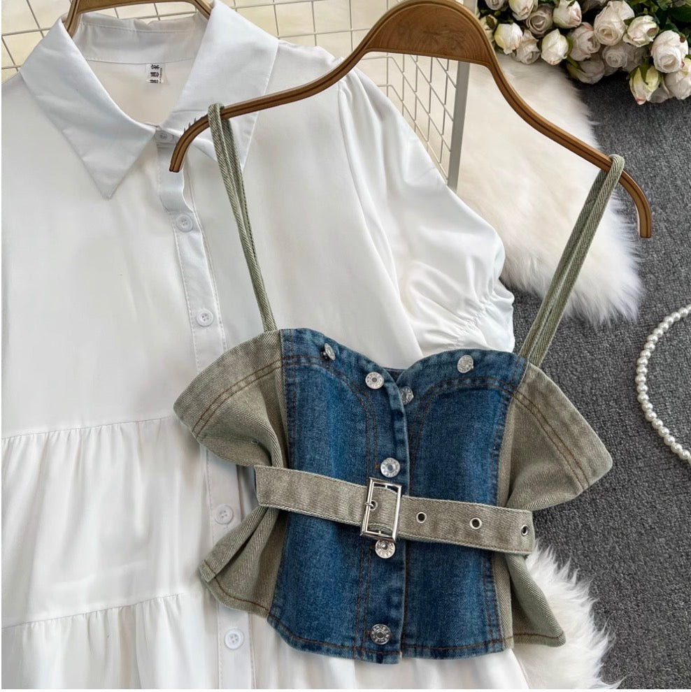 Denim Vest & White Shirt Dress 2Pcs