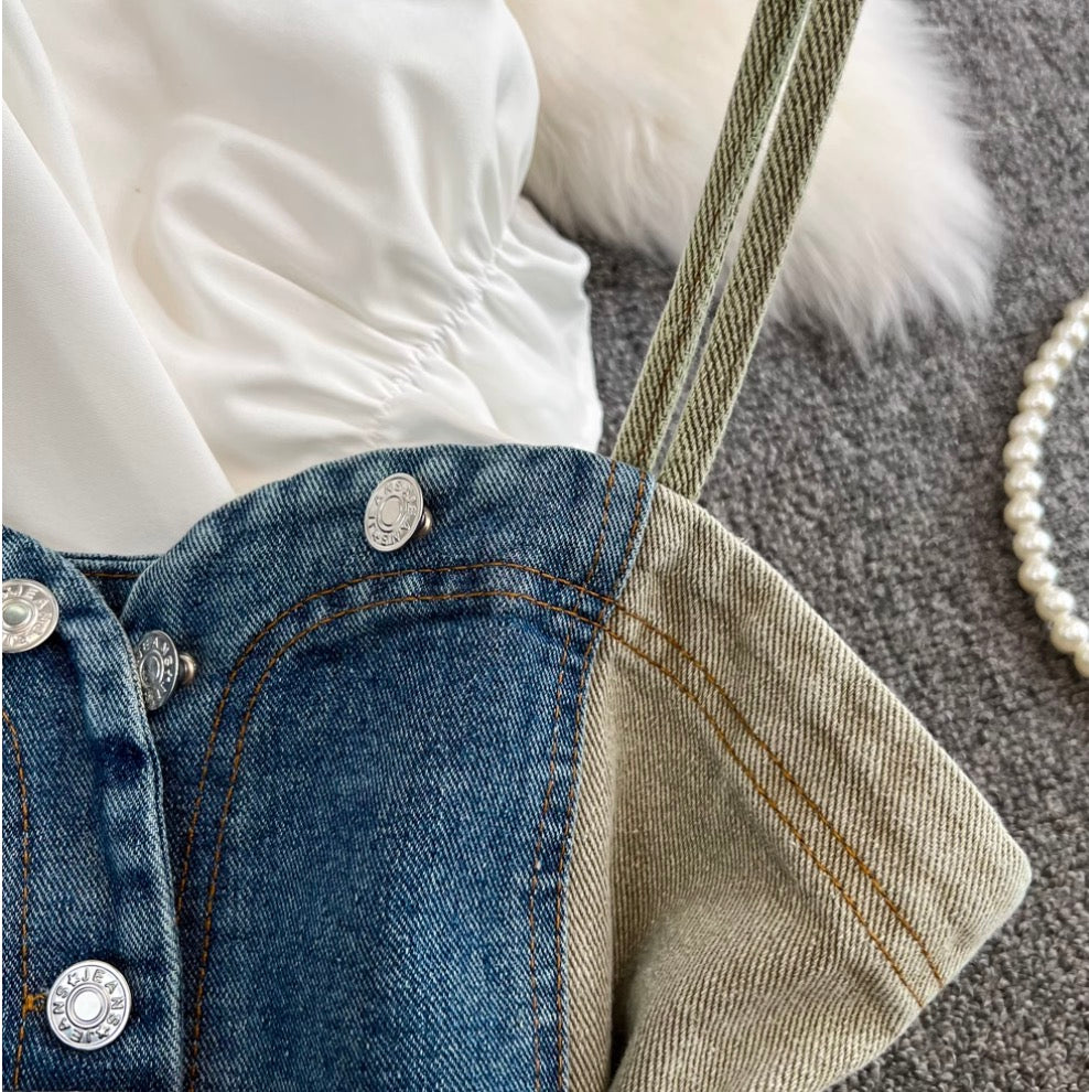 Denim Vest & White Shirt Dress 2Pcs