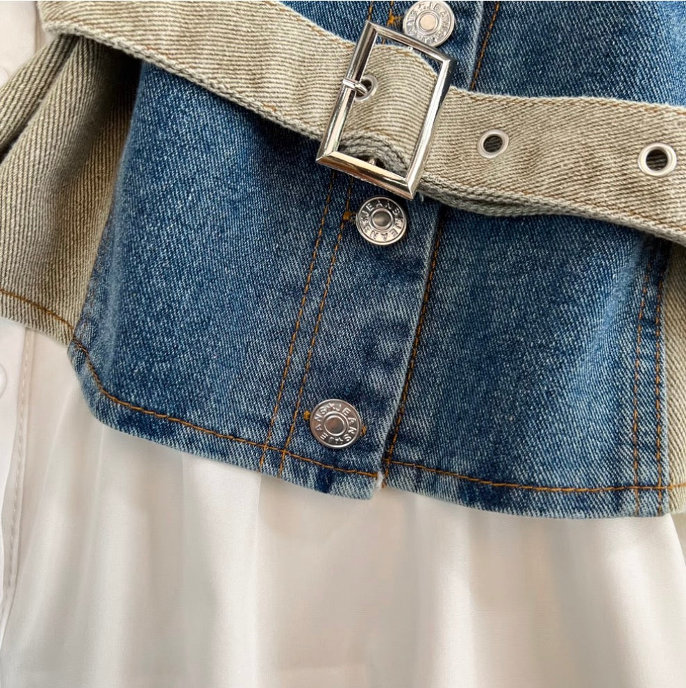 Denim Vest & White Shirt Dress 2Pcs