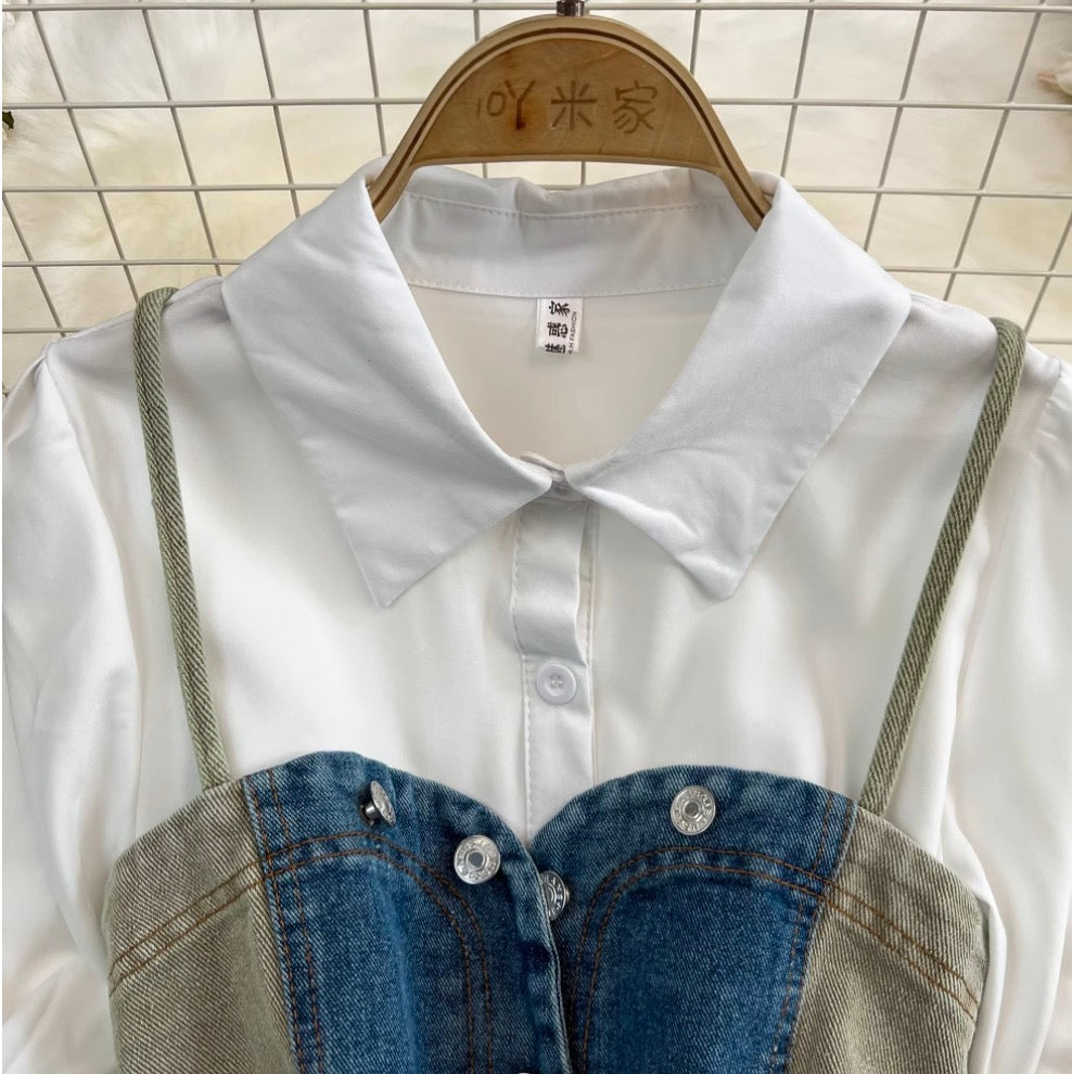 Denim Vest & White Shirt Dress 2Pcs