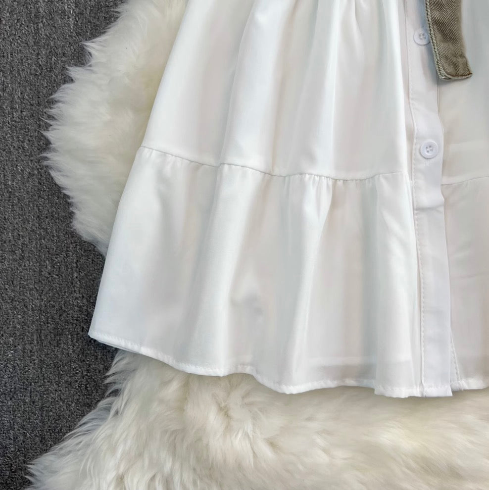 Denim Vest & White Shirt Dress 2Pcs