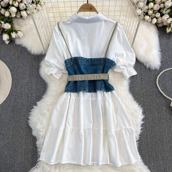 Denim Vest & White Shirt Dress 2Pcs