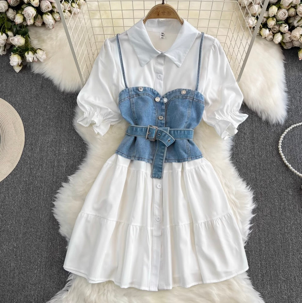 Denim Vest & White Shirt Dress 2Pcs
