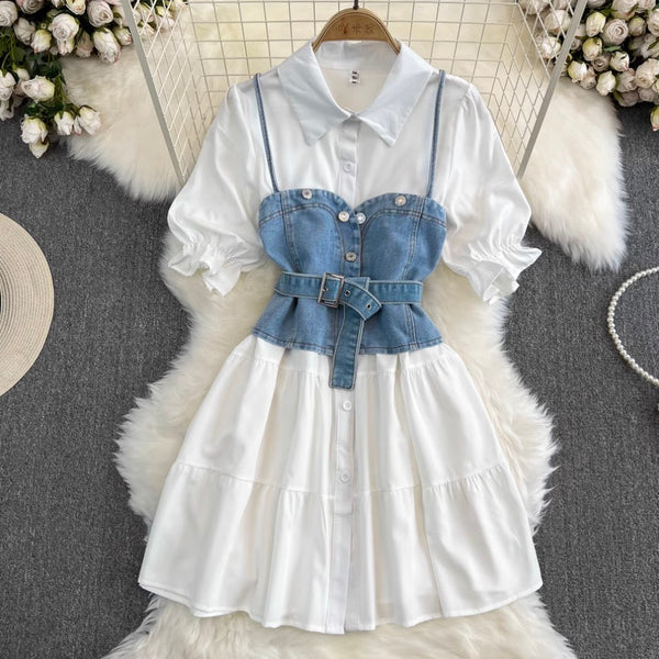 Denim Vest & White Shirt Dress 2Pcs