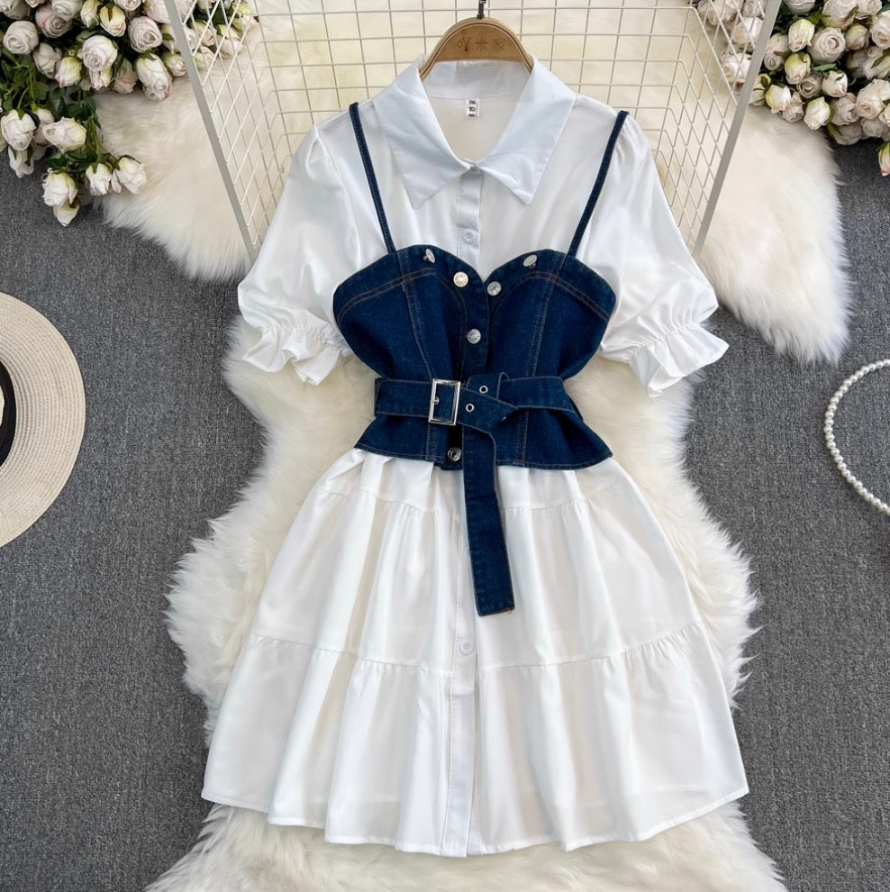 Denim Vest & White Shirt Dress 2Pcs