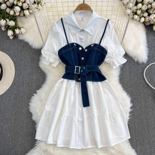 Denim Vest & White Shirt Dress 2Pcs