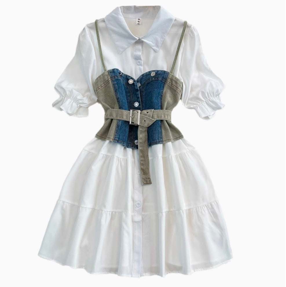 Denim Vest & White Shirt Dress 2Pcs