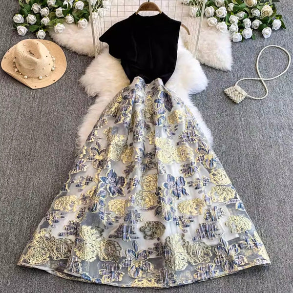 Asymmetric Sleeve Patchwork Jacquard Dress