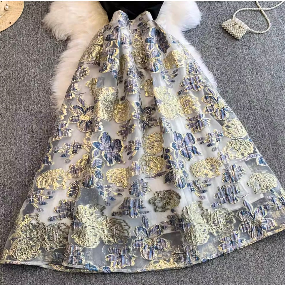Asymmetric Sleeve Patchwork Jacquard Dress
