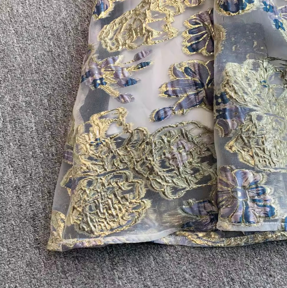Asimetrik Kol Pachtwork Jakarlı Elbise