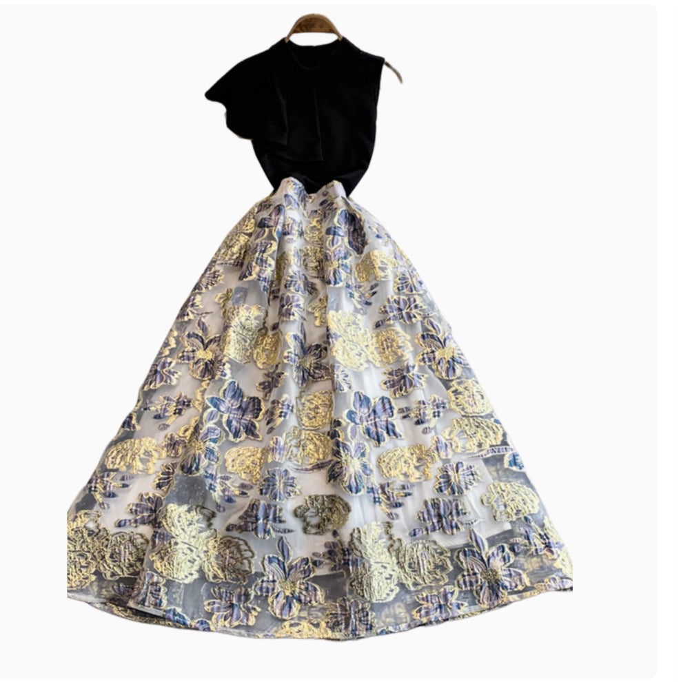 Asymmetric Sleeve Patchwork Jacquard Dress