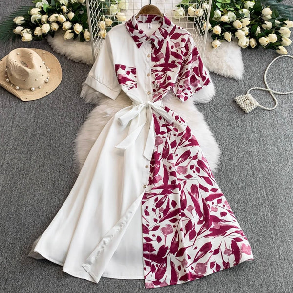 Vintage Printed A-line Shirt Dress