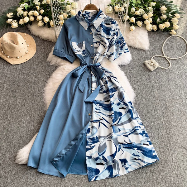 Vintage Printed A-line Shirt Dress