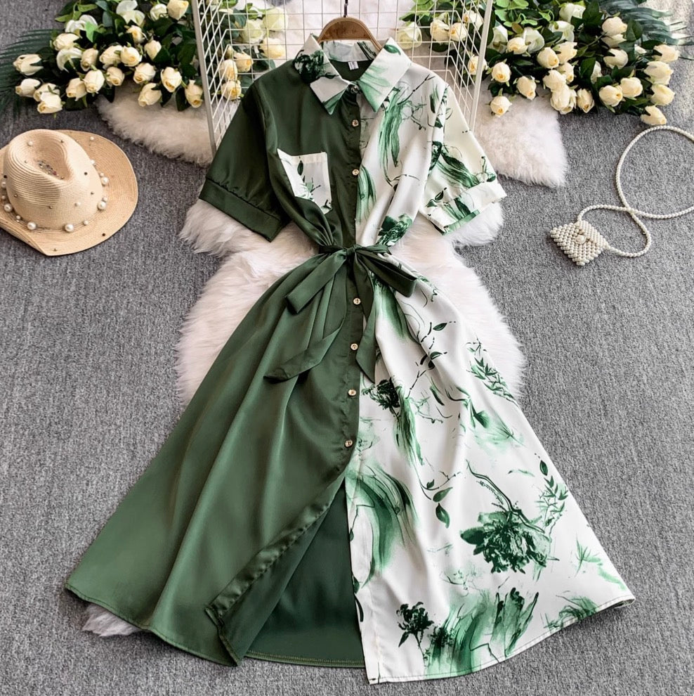 Vintage Printed A-line Shirt Dress