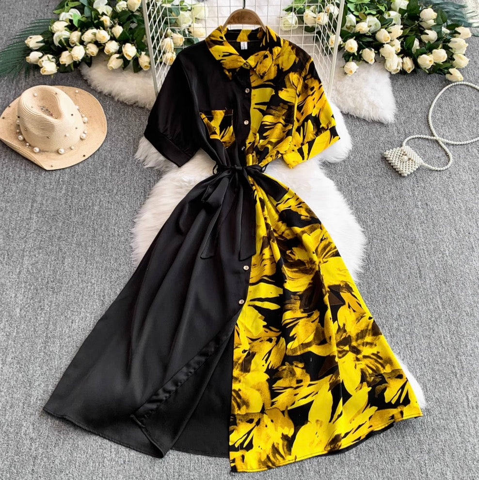 Vintage Printed A-line Shirt Dress
