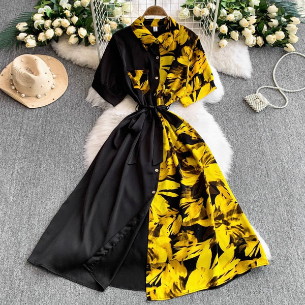 Vintage Printed A-line Shirt Dress