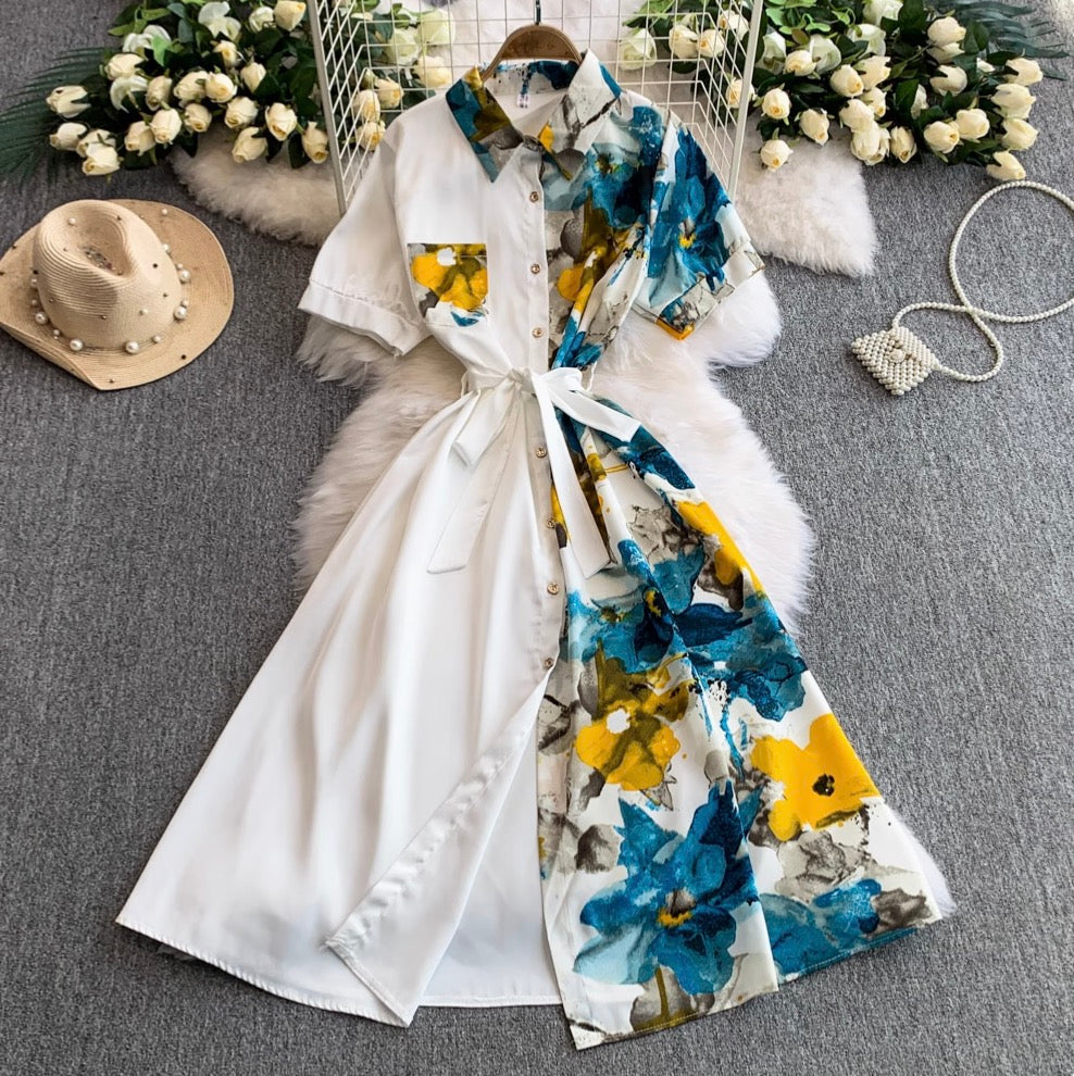 Vintage Printed A-line Shirt Dress