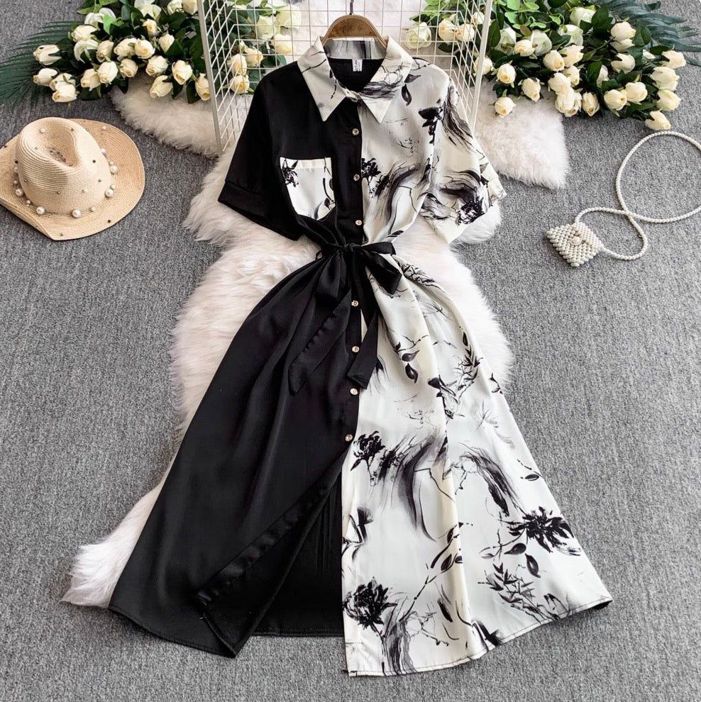 Vintage Printed A-line Shirt Dress