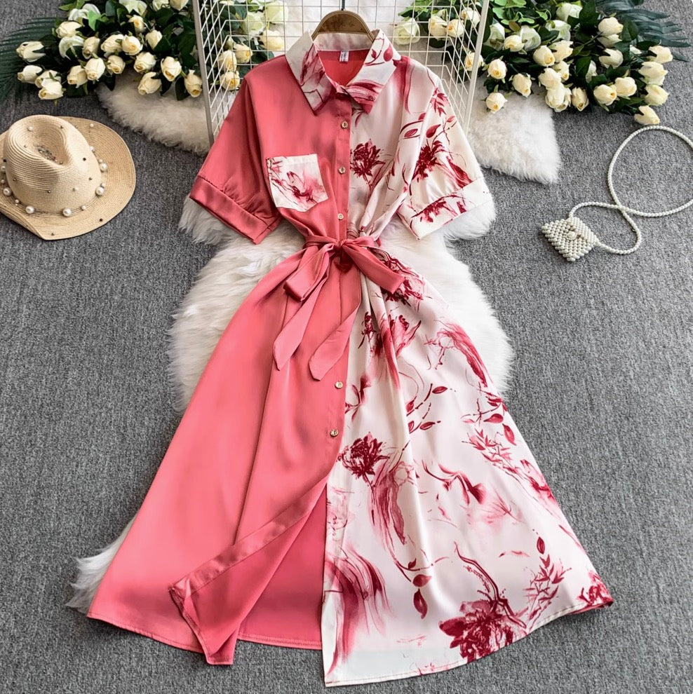 Vintage Printed A-line Shirt Dress