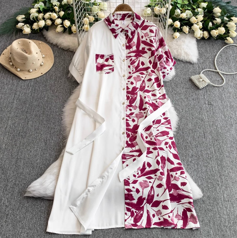 Vintage Printed A-line Shirt Dress