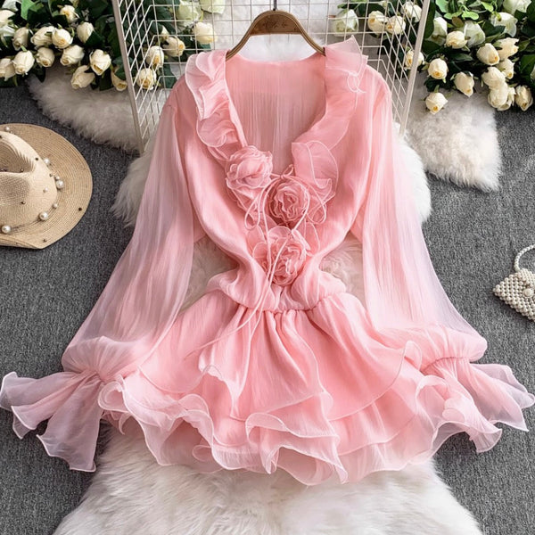 V-neck 3D Ruffled Princess Dress