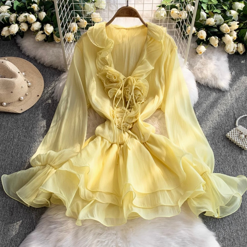 V-neck 3D Ruffled Princess Dress