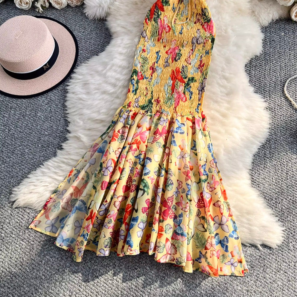 Off-shoulder Butterfly Printed Fishtail Dress