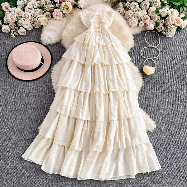 Lace-up Layered Ruffled Creamy Dress