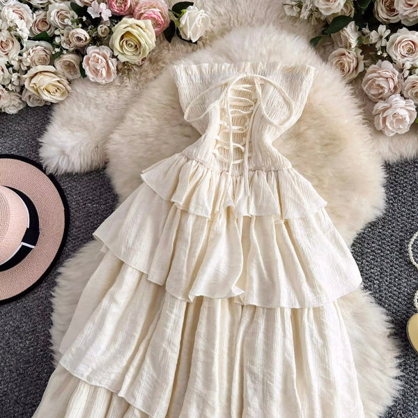 Lace-up Layered Ruffled Creamy Dress