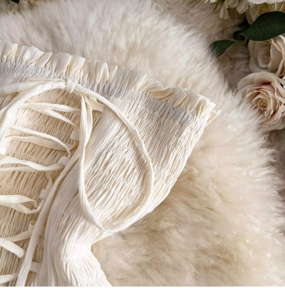 Lace-up Layered Ruffled Creamy Dress