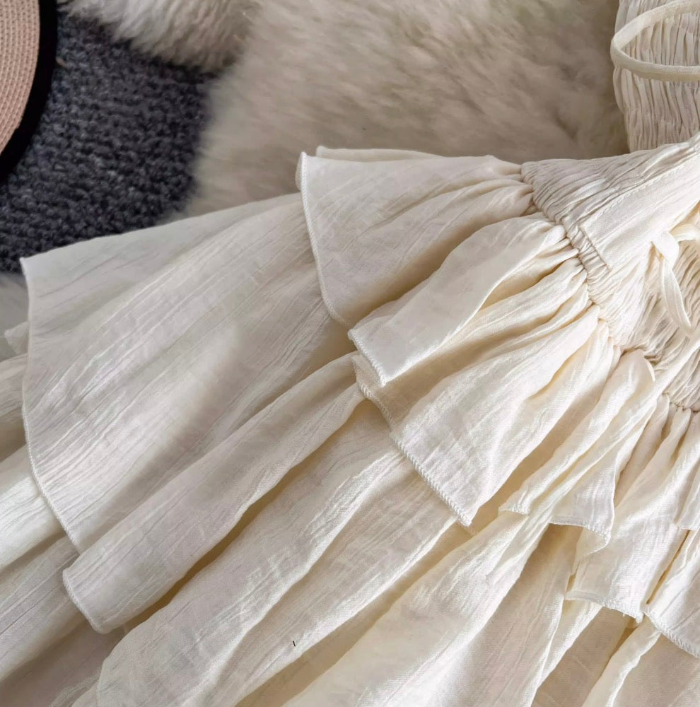 Lace-up Layered Ruffled Creamy Dress