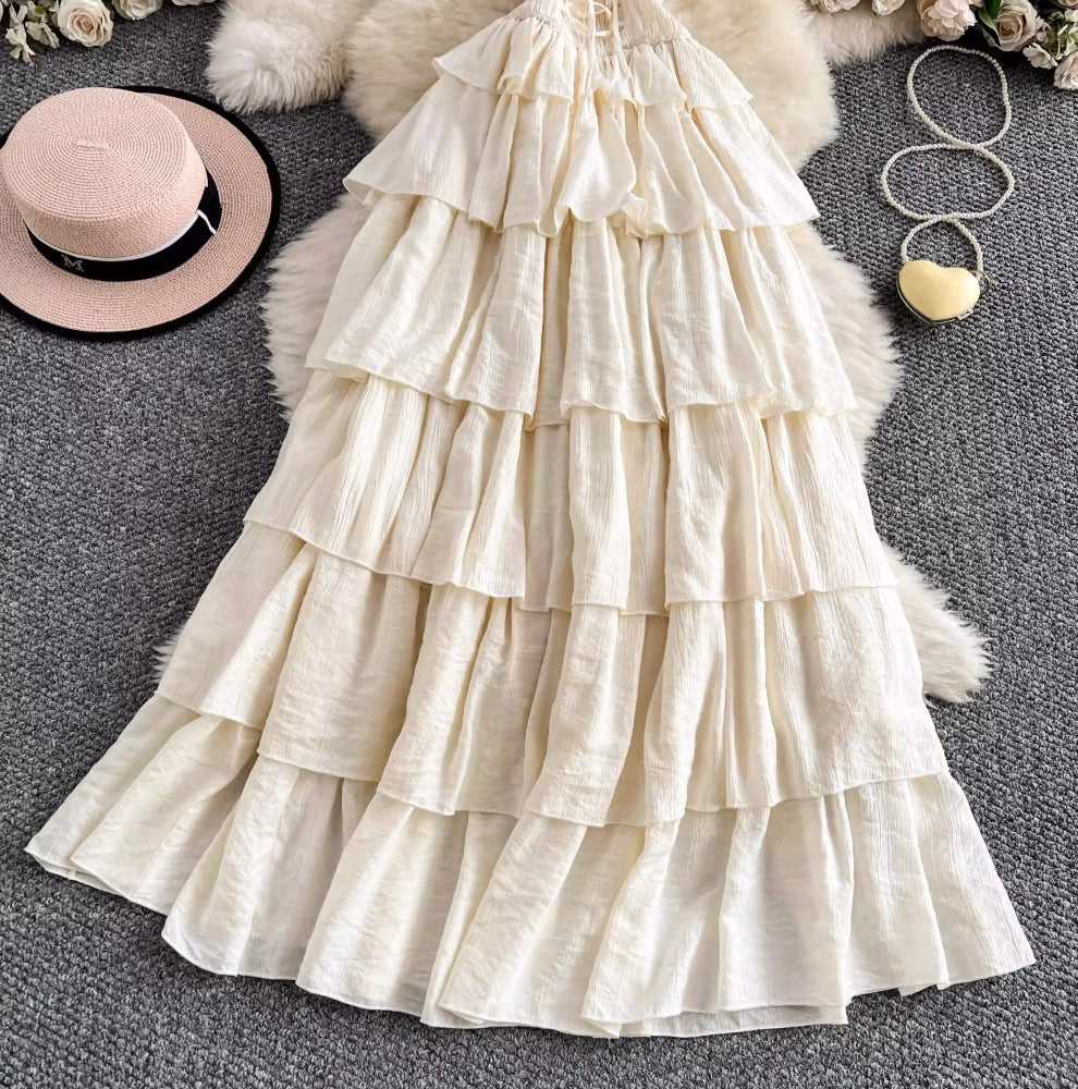 Lace-up Layered Ruffled Creamy Dress