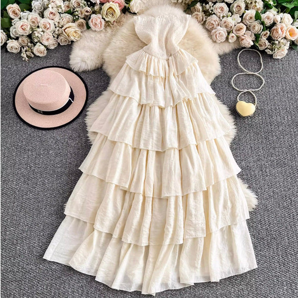 Lace-up Layered Ruffled Creamy Dress