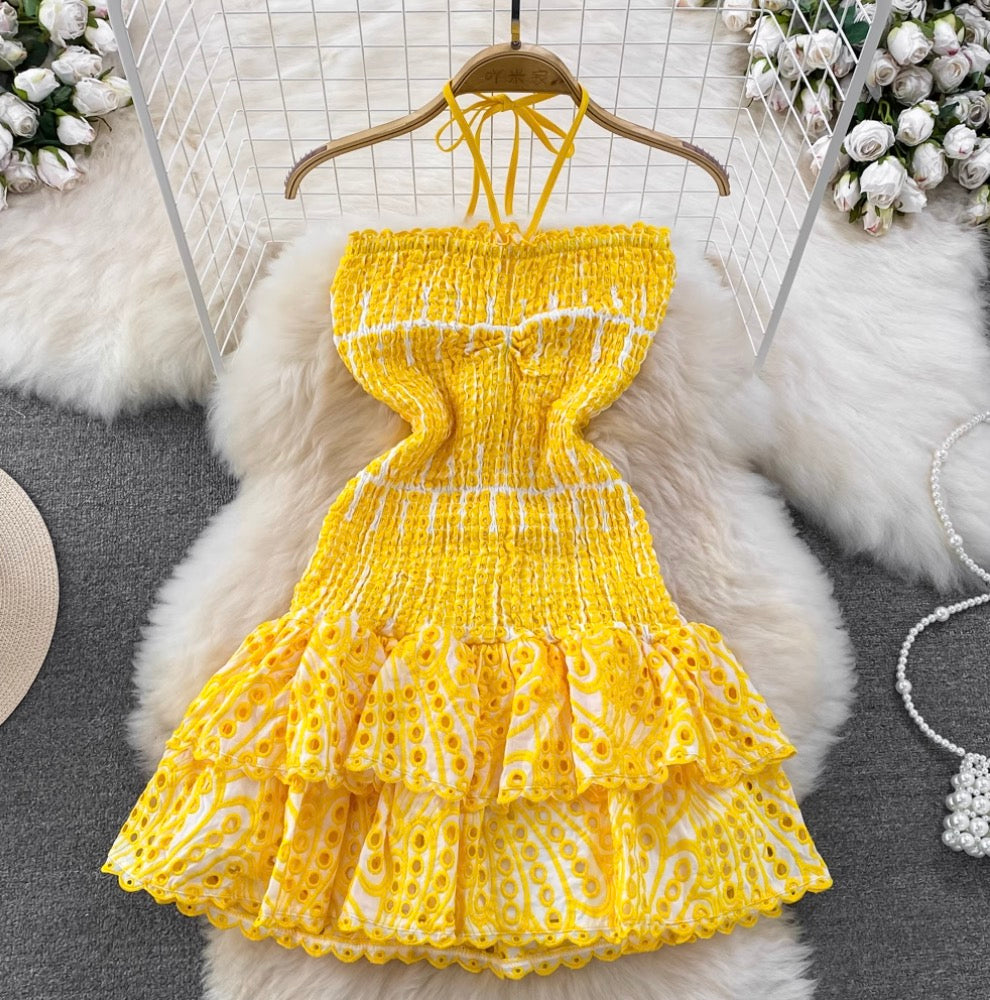 Backless Hollowed Ruffled Halter Dress