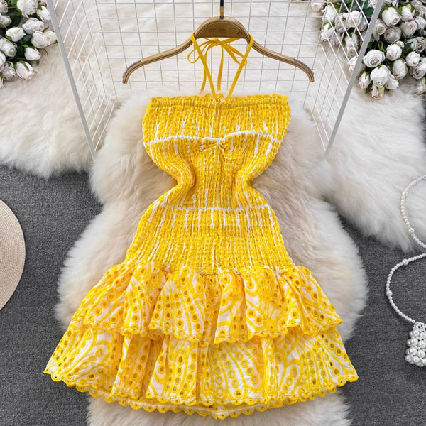 Backless Hollowed Ruffled Halter Dress