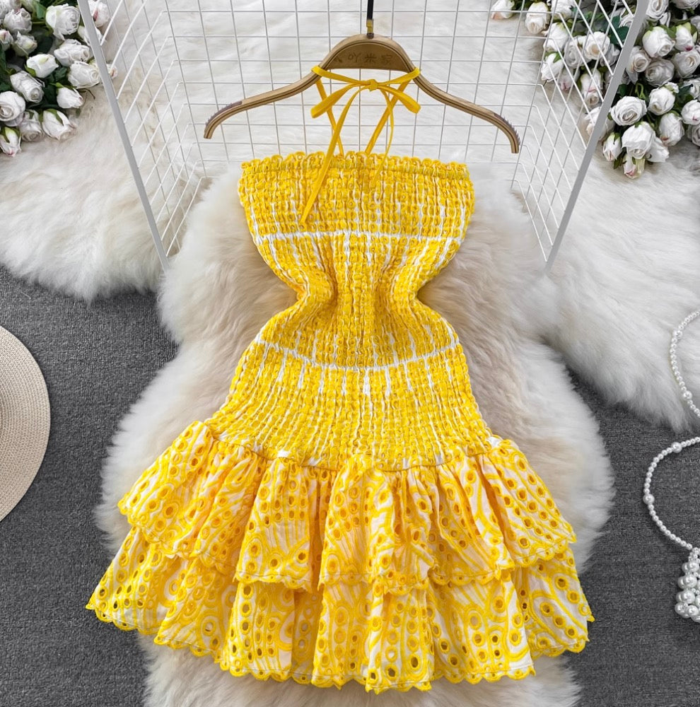 Backless Hollowed Ruffled Halter Dress