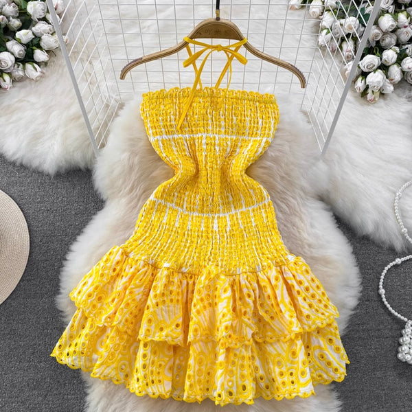 Backless Hollowed Ruffled Halter Dress