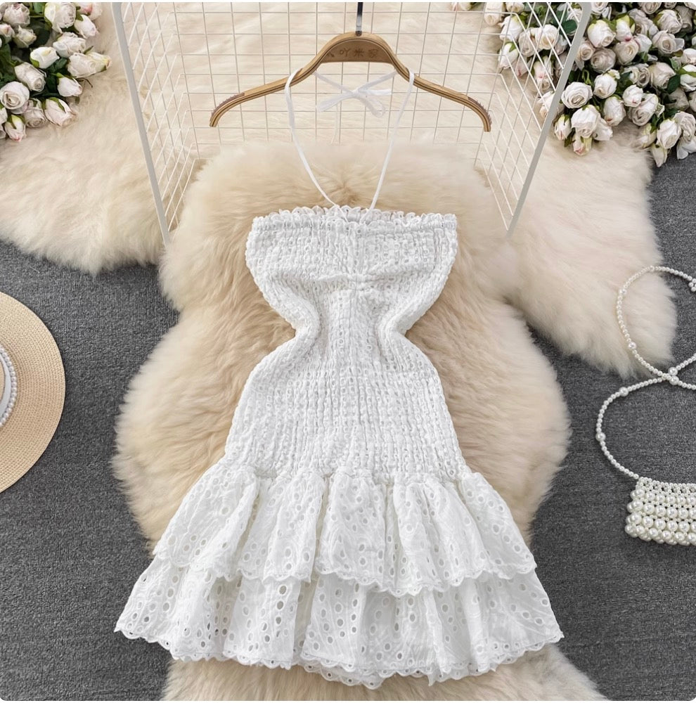 Backless Hollowed Ruffled Halter Dress
