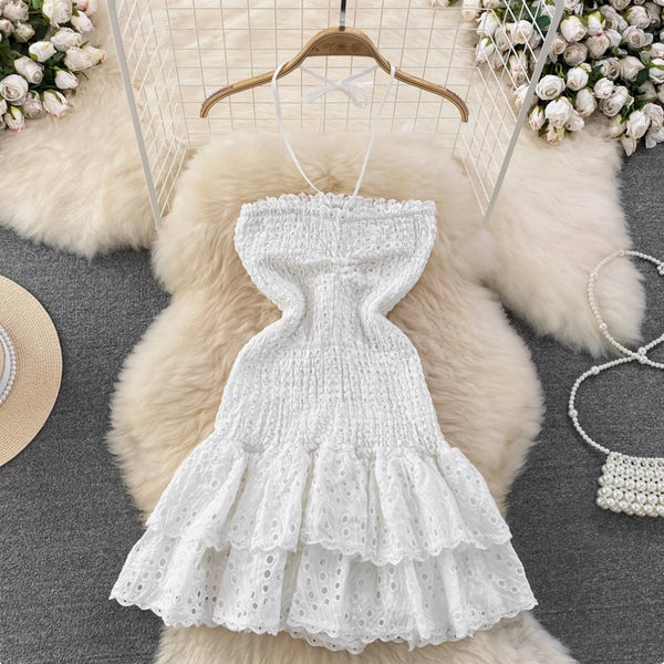 Backless Hollowed Ruffled Halter Dress