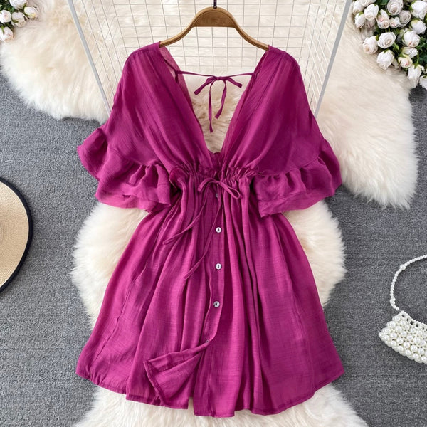 Deep V-neck Drawstring Sunscreen Dress
