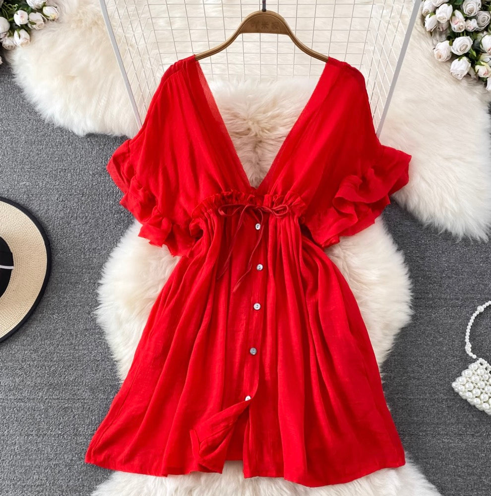 Deep V-neck Drawstring Sunscreen Dress