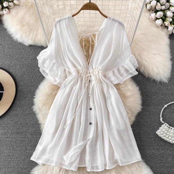 Deep V-neck Drawstring Sunscreen Dress