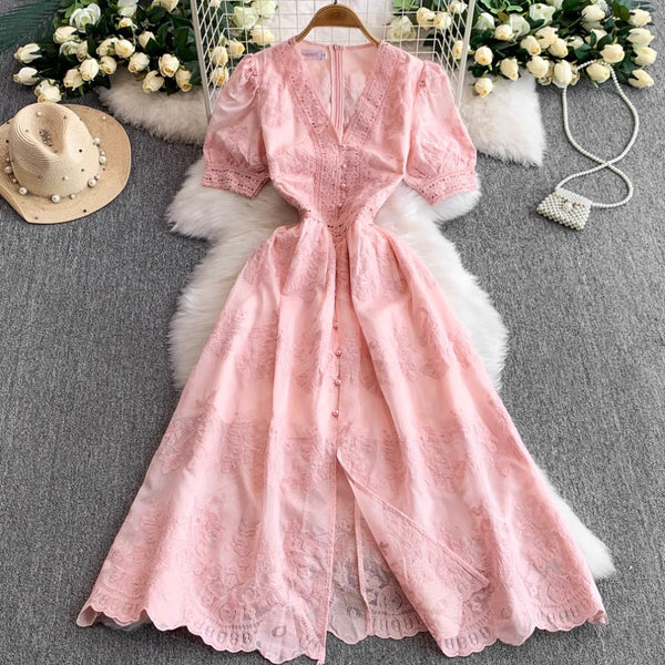 V-neck Embroidered Puffy Sleeve Dress