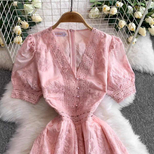 V-neck Embroidered Puffy Sleeve Dress