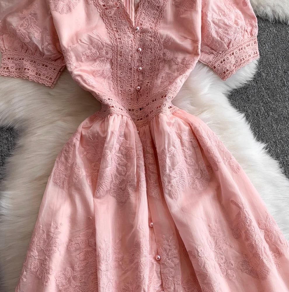 V-neck Embroidered Puffy Sleeve Dress