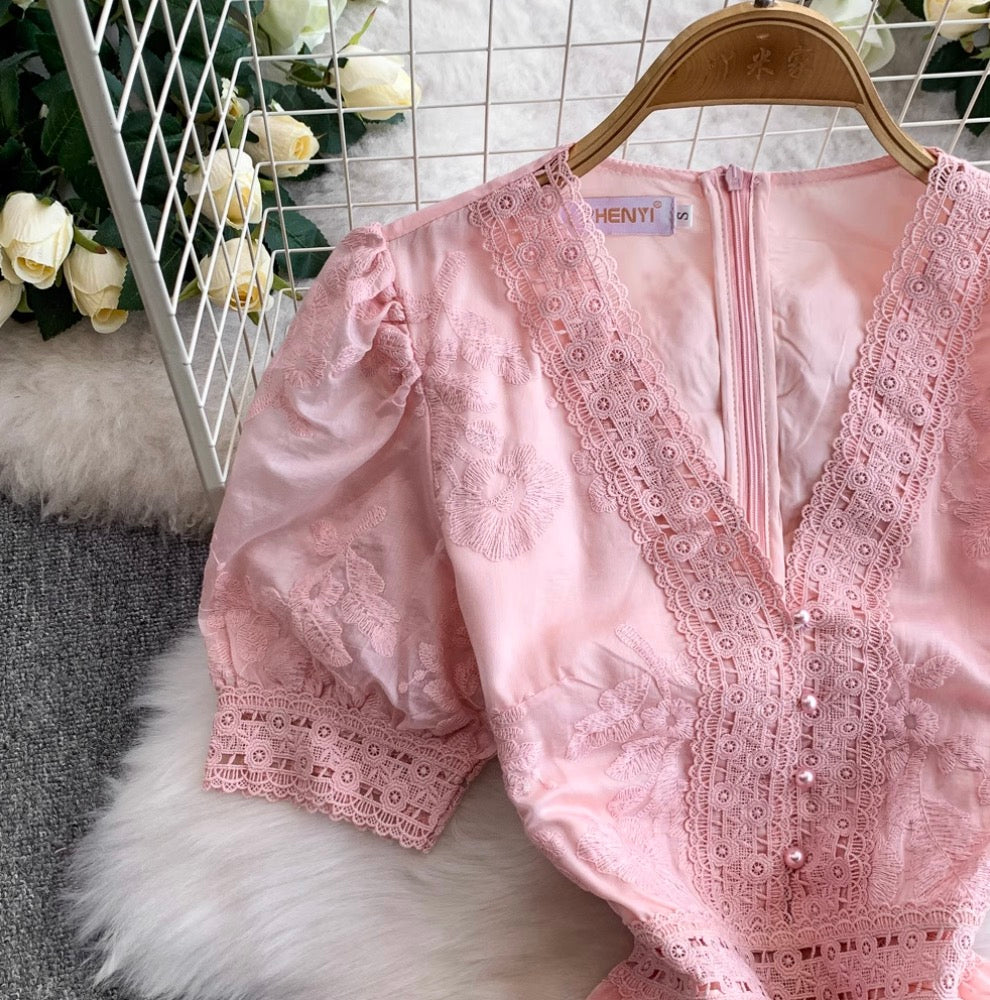 V-neck Embroidered Puffy Sleeve Dress